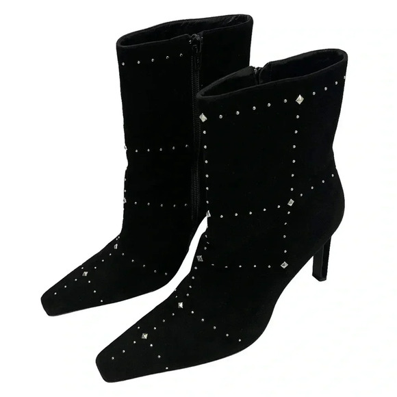 CASADEI Black Suede Stiletto Silver Rivets Studs Boots Snip Toe Chic Size 8 - Picture 1 of 11